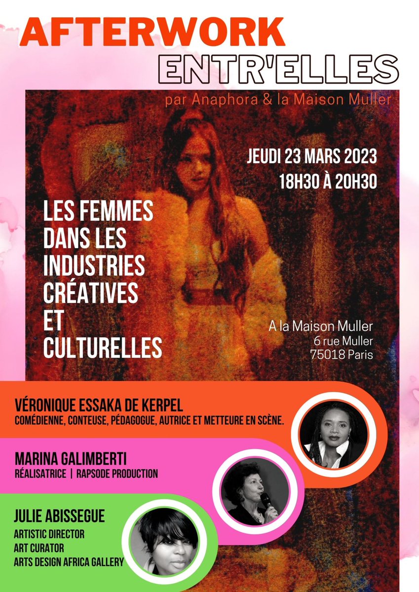 ANAPHORA &amp; <a href="/MaisonMuller/">La MAISON MULLER</a> vous attendent le jeudi 23 mars 2023 pour parler "des #femmes dans les #industries #créatives".
Pour vous inscrire 👇agenceanaphora@gmail.com 

<a href="/kadia_moisson/">Kadia SYLLA MOISSON</a> <a href="/Mossane76/">Julie Laure ABISSEGUE</a>
<a href="/FDDA_DiaspoEU/">Femmes de Demain Afrique Diasporas Europe</a> <a href="/Voodart/">Diane Audrey Ngako</a>
<a href="/dejulliard/">Aurelia DEJULLIARD</a> 
#arts #Afrique #theatre #Cinema
