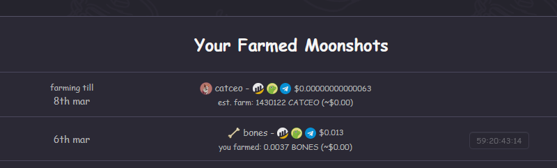 Moonshots Farm (formerly Squirrel) (@moonshotsfarm) on Twitter photo Our moonshots weekly $BONES farming has now ended, so you can see how many your $CAKE or $BSW farmed over past 2 days! π§βπΎ
Next moonshot selected by community to farm is
<a href="/CatCeoBSC/">CATCEO AI l MEME + AI TRENDING l 5% REWARD HOLDER</a>'s $CATCEO token! πΈ #bsc
π moonshots.farm ππ FARM NOW Our moonshots weekly $BONES farming has now ended, so you can see how many your $CAKE or $BSW farmed over past 2 days! π§βπΎ
Next moonshot selected by community to farm is
<a href="/CatCeoBSC/">CATCEO AI l MEME + AI TRENDING l 5% REWARD HOLDER</a>'s $CATCEO token! πΈ #bsc
π moonshots.farm ππ FARM NOW
