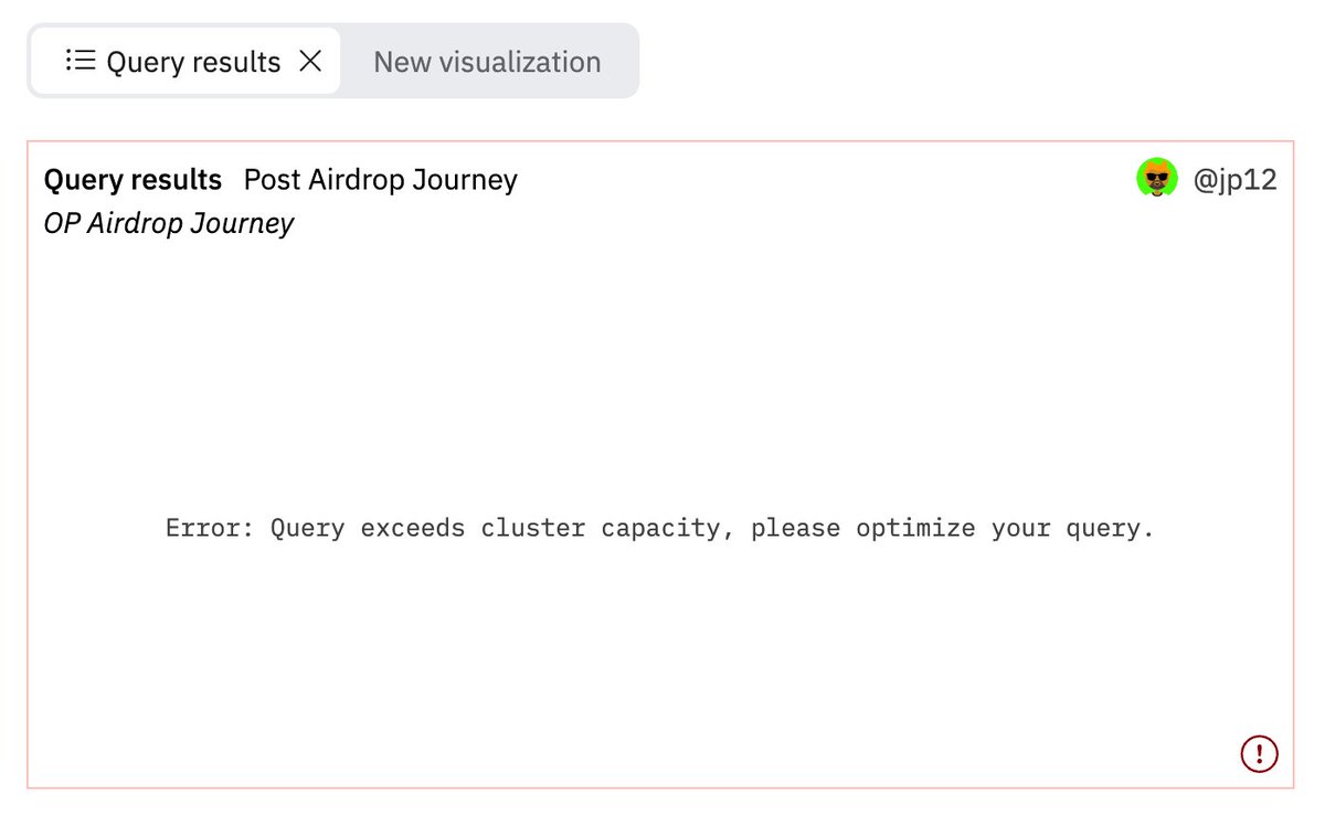 jp12 π¦π (@jp12__) on Twitter photo First time hitting this on <a href="/DuneAnalytics/">This account is idel</a> π
Basically trying to query around 100 tables in the same query. I wonder if that's the limit π€ First time hitting this on <a href="/DuneAnalytics/">This account is idel</a> π
Basically trying to query around 100 tables in the same query. I wonder if that's the limit π€