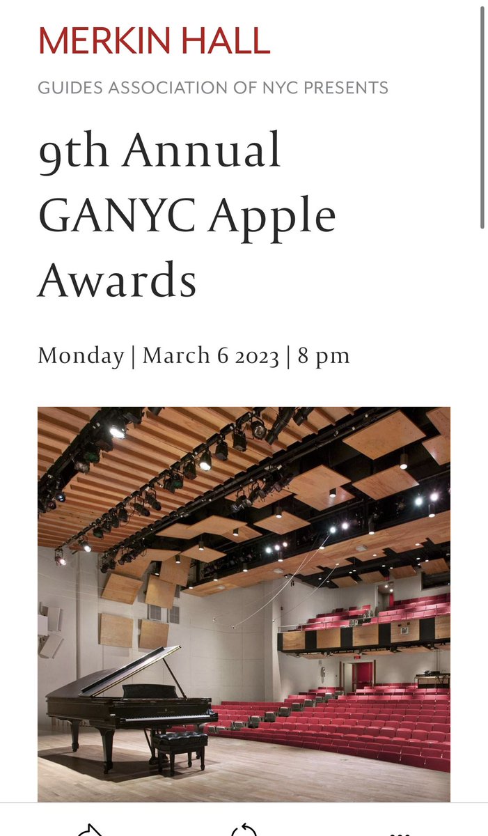 <a href="/cherylwillsny1/">Cheryl Wills🔛</a> 
All New York City press are invited a complimentary pass to attend the GANYC Apple Awards this evening at Merkin Hall near Lincoln Center! 🍎 

The ceremony starts at 8 PM, with cocktail hour starting at 6:30.

DM us for more info!