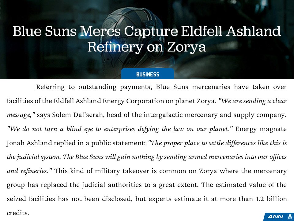 ANN_Updates's tweet image. Blue Suns mercs capture Eldfell Ashland refinery on Zorya. #MassEffect