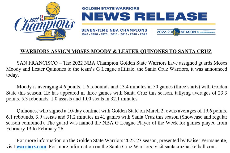 Warriors Assign Moses Moody and Lester Quinones to Santa Cruz