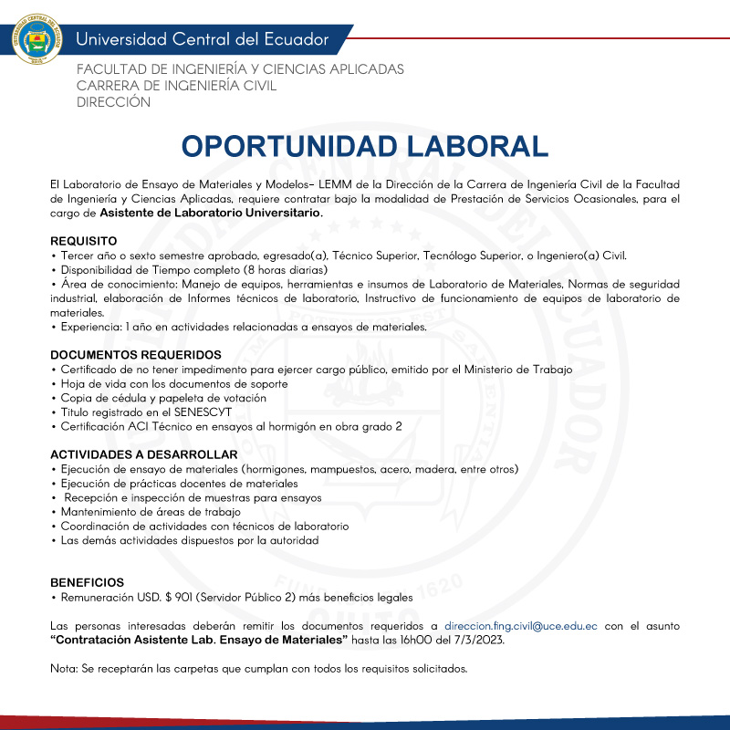#CONVOCATORIA 
Asistente de Laboratorio Universitario
👫 Para aplicar revisa todos los requisitos y remite a la dirección de correo que consta en el afiche