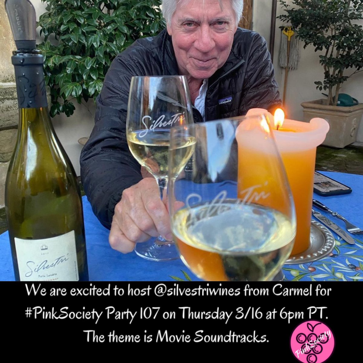 #PinkSociety (@thepinksociety_) on Twitter photo We are excited to host @silvestriwines from Carmel for #PinkSociety Party 107 on Thursday 3/16 at 6pm PT. The theme is Movie Soundtracks. See you then. <a href="/boozychef/">boozychef</a> <a href="/jflorez/">Joe Florez</a> <a href="/AskRobY/">Rob</a> @ChristopherSips <a href="/suziday123/">Suzi Day</a> <a href="/FoodTravelist/">Food Travelist Sue & Diana</a> <a href="/WineCheeseFri/">Maria @WineCheeseFri</a> <a href="/winedivaa/">Martha aka WineDivaa</a> We are excited to host @silvestriwines from Carmel for #PinkSociety Party 107 on Thursday 3/16 at 6pm PT. The theme is Movie Soundtracks. See you then. <a href="/boozychef/">boozychef</a> <a href="/jflorez/">Joe Florez</a> <a href="/AskRobY/">Rob</a> @ChristopherSips <a href="/suziday123/">Suzi Day</a> <a href="/FoodTravelist/">Food Travelist Sue & Diana</a> <a href="/WineCheeseFri/">Maria @WineCheeseFri</a> <a href="/winedivaa/">Martha aka WineDivaa</a>