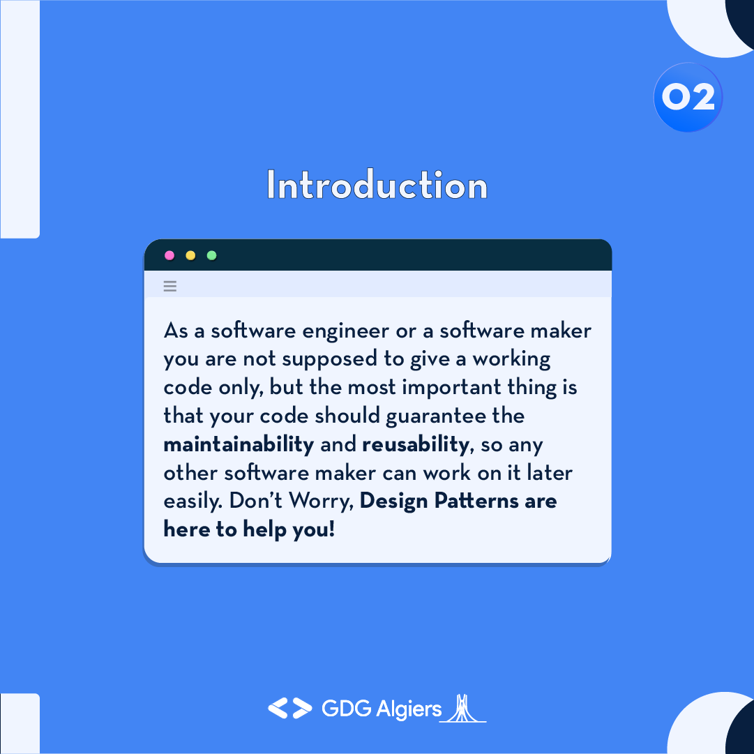GDG_Algiers's tweet photo. For this installment of #webitup we are diving into #designpatterns, we'll be diving into the main guidelines to follow when building your code structure to ensure it is as clean and functional as can be. 👀
Swipe left to discover more, and stay tuned for more content💻 https://t.co/xoTfTVHb8p