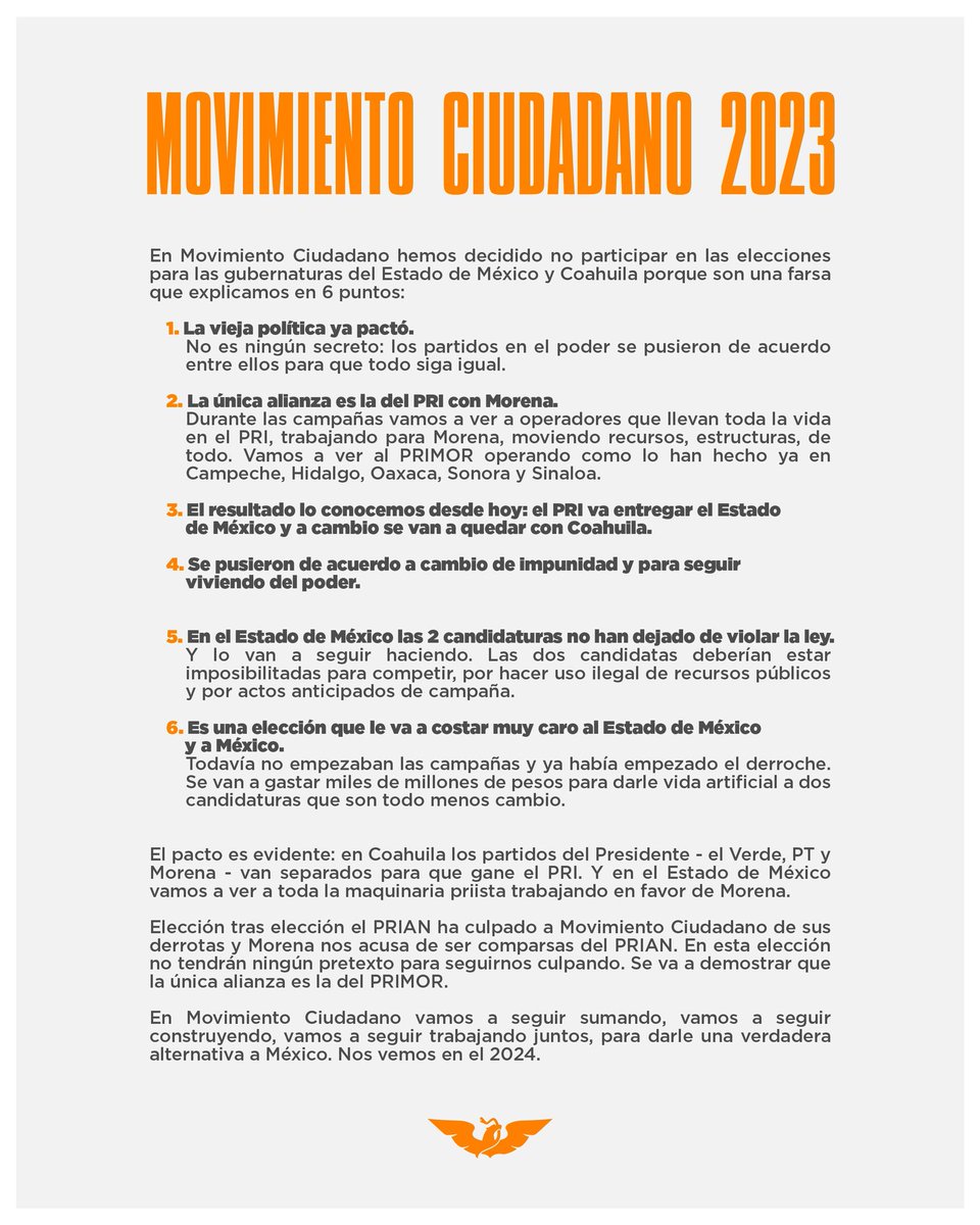 Letiriga's tweet image. Movimiento Cidadano se baja de la contienda por las gubernatura del Edomex y Coahuila de este año!!!.! Argumenta que son una farsa!!!