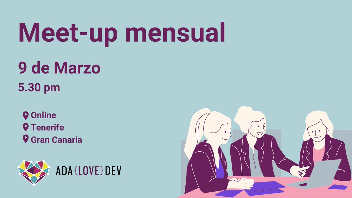 ¡Hola AdaLovers!💜

👀 ¿Saben que #AdaLoveDev nos reunimos mensualmente y nos toca este miércoles 9 de marzo a las 5.30pm (hora Canaria 🇮🇨)?

¿Quieres venir?

Necesitas:
⭐️ Ser mujer techie
⭐️ Usar zoom (online)
⭐️ Estar en Tenerife o Gran Canaria (presencial)

¡Dentro hilo!🧵