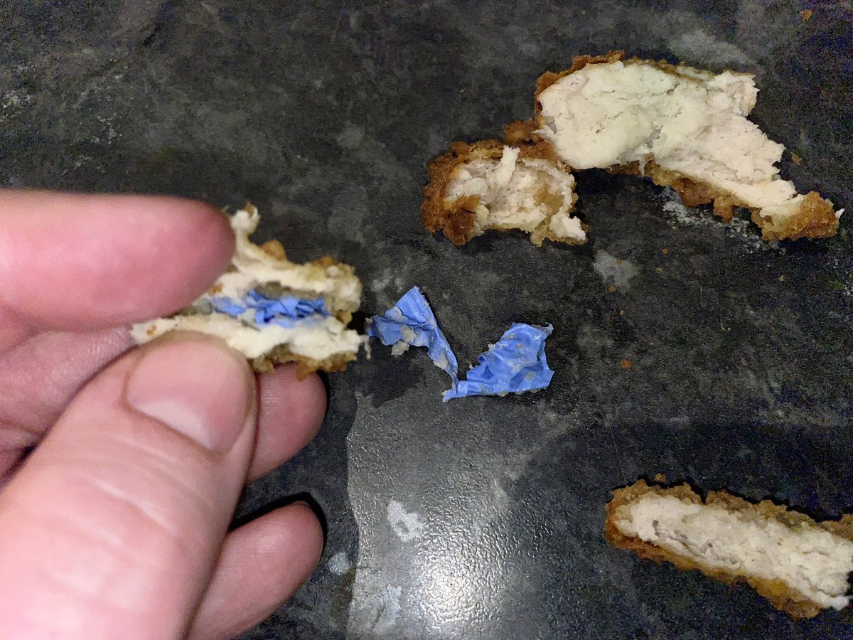 NeophyteCook's tweet photo. So why @sainsburys do I have part of a blue glove in my kids chicken Goujon? #Disgusting #Unacceptable #HowCanIComplain https://t.co/Omhbh3oBfE