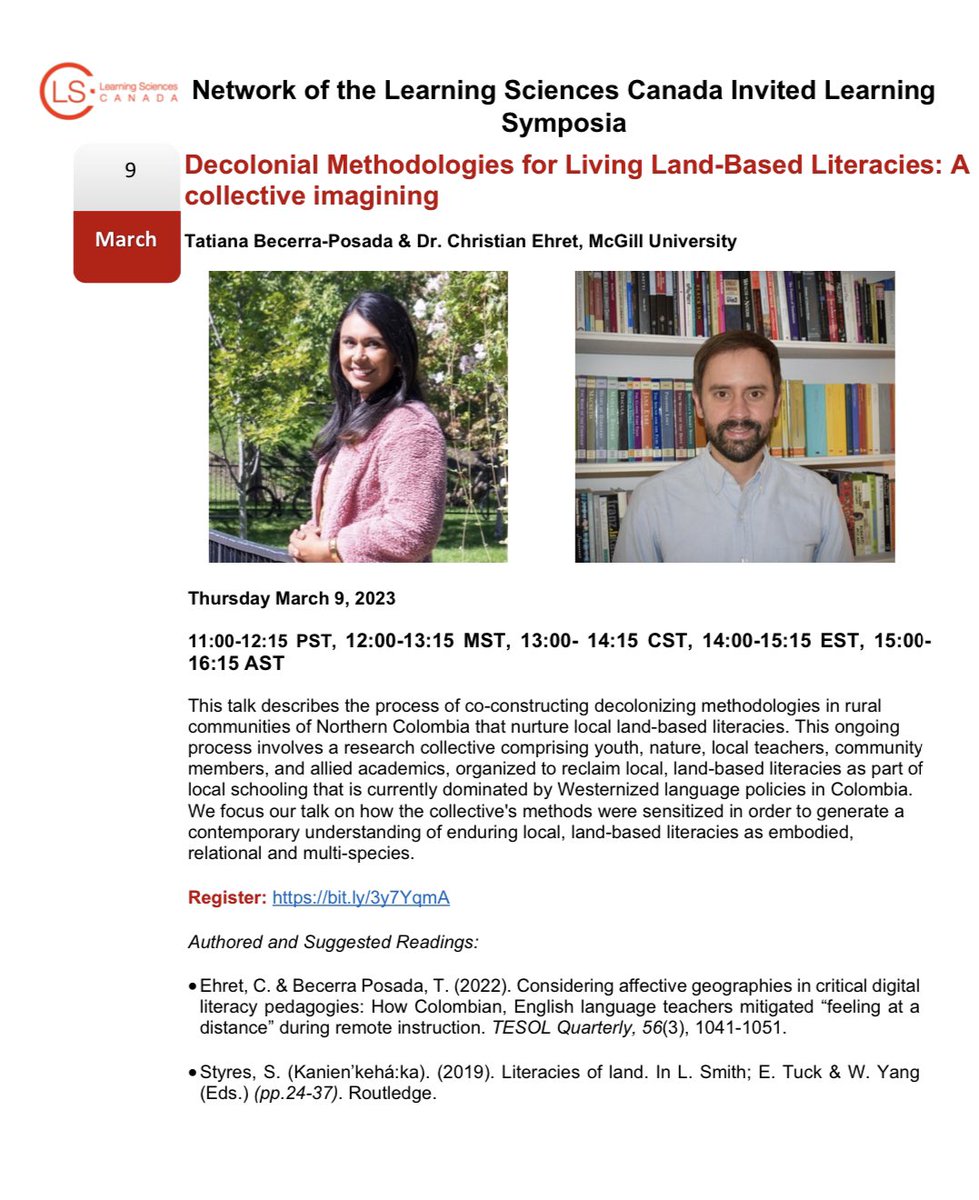We are happy to announce our next symposium with Tatiana Becerra-Posada and Dr. Christian Ehret <a href="/christianehret/">Christian Ehret</a> : Decolonial Methodologies for Living Land-Based Literacies: A collective imagining on March 9. Register here:bit.ly/3y7YqmA