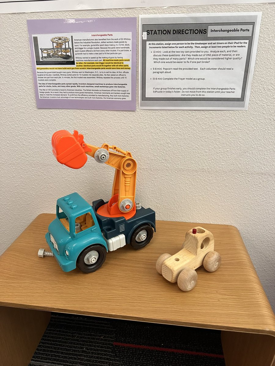 Borrowed some of my own kiddos’ toys to show my class how interchangeable parts made a huge impact on manufacturing. I think they enjoyed them as much as my littles do!
