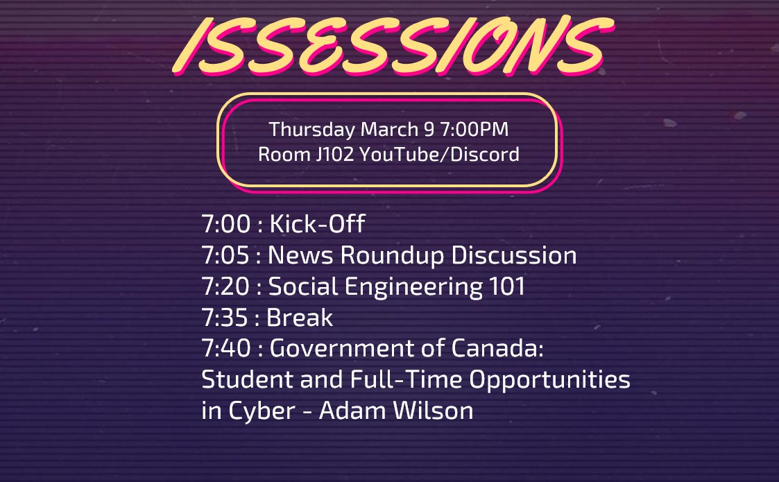 issessions's tweet photo. We hope you have had a wonderful break week! Now that school is back in session, so is ISSessions. This Thursday, March 9th, is our next meeting. Join us at 7pm in-person in J102, or online here on our discord or our YouTube.
See you then! https://t.co/d1uRD9AuUj