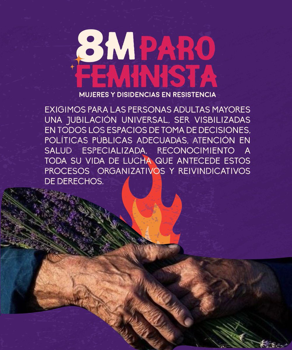 Este #8M2023 en #Ecuador se unen al #ParoFeminista Personas Adultas Mayores para exigir al Estado: jubilación Universal, Políticas Públicas adecuadas, atención especializada en salud, una participación activa, real y efectiva en los espacios de toma de decisiones. #PamConDerechos