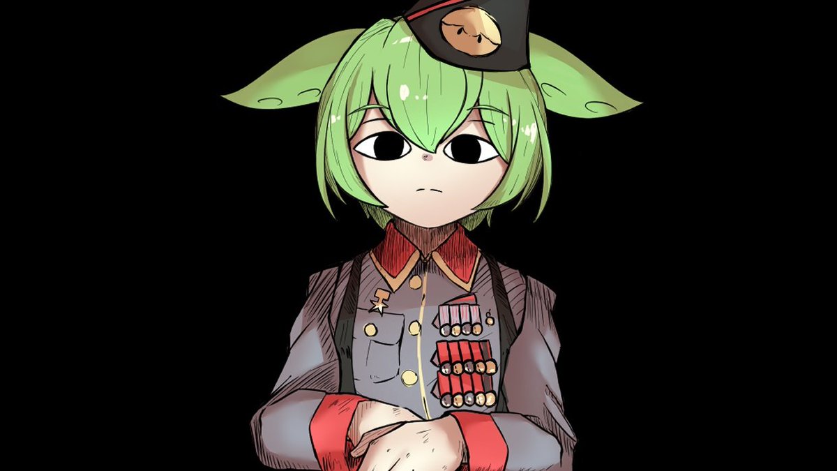 solo 1girl green hair black eyes hat black background military uniform  illustration images