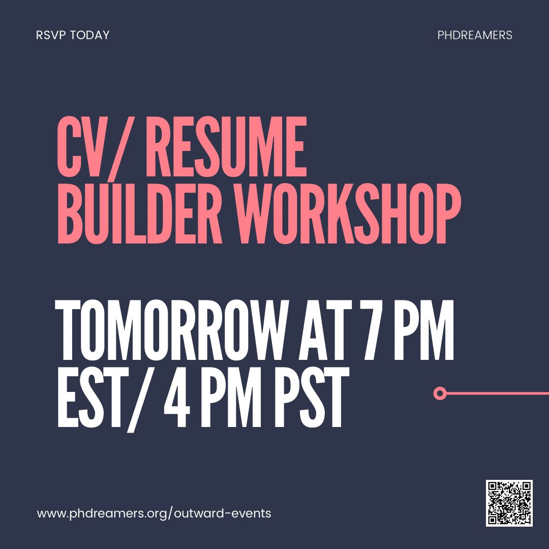 Join us tomorrow for our CV builder Workshop at 7 PM EST/ 4 PM PST. We will be hosting (soon-to-be) Dr. Khanna for an hour interactive workshop. RSVP @ bit.ly/rsvp-cv