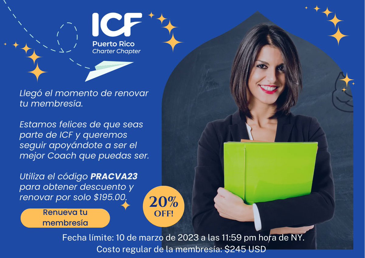 OFERTA ESPECIAL

Haste el 10 de noviembre de 2023 tendrás la oportunidad de renovar tu membresía con ICF capítulo de Puerto Rico con un 2️⃣ 0️⃣% de descuento. 

Escríbenos a membresia.icf.pr@gmail.com para más detalles de cómo reclamar esta oferta. 

¡Te estamos esperando …