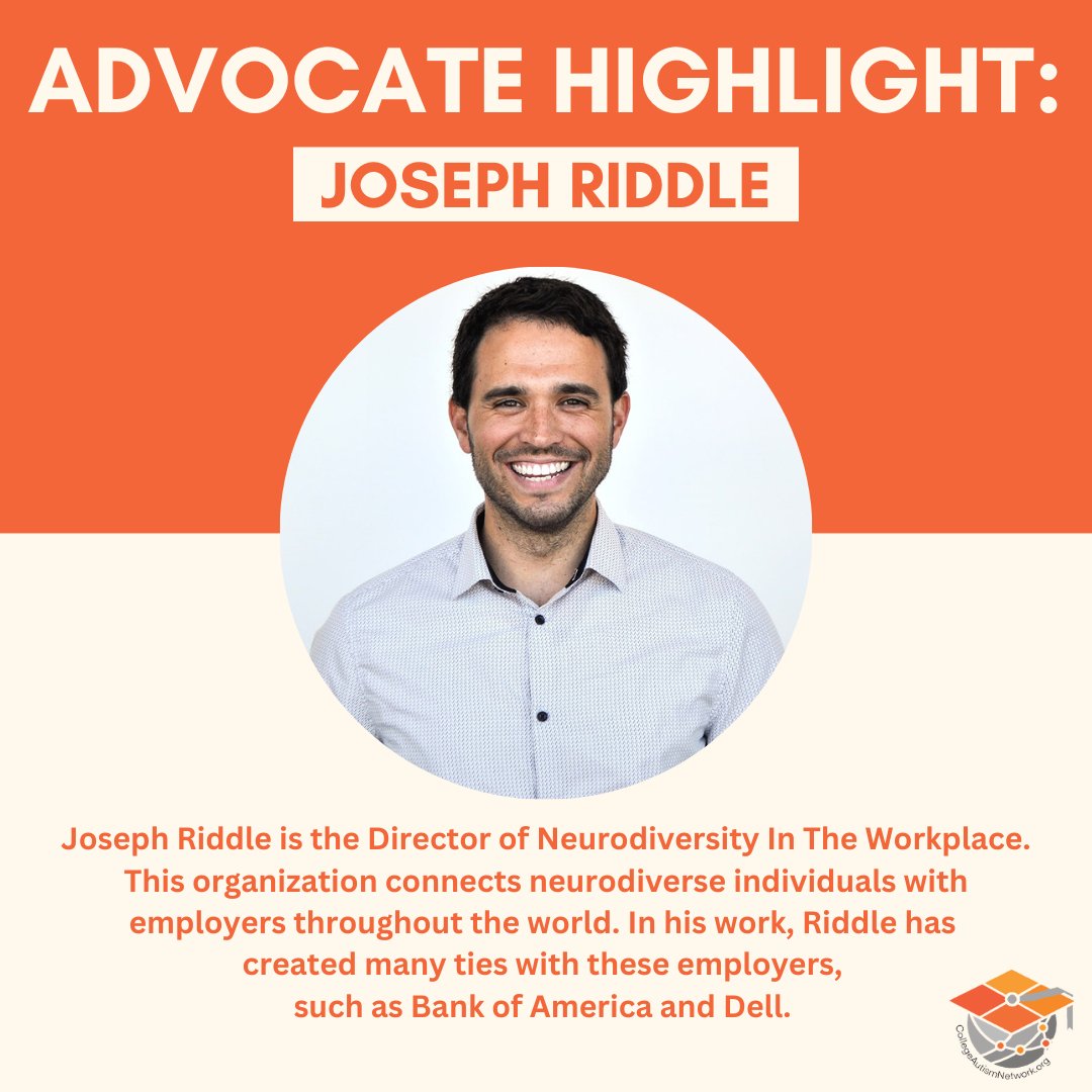 CollegeAutism's tweet photo. Our March 2023 Advocate Highlight is Joseph Riddle from Neurodiversity In The Workplace! Thank you for all that you do!

Visit https://t.co/8DHmBaEGUb to learn how you can grow as an advocate!

@4Neurodiversity 

#neurodiversity #ASD #ActuallyAutistic #advocacy https://t.co/Zd6OLwFLfR