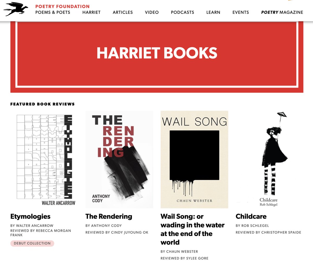 Dope review on The Rendering at #HarrietBooks @PoetryFound!

Thankful to be alongside @Omnidawn pressmate Walter Ancarrow, @schlegel_rob w/ @FourWayReview, & the homie/hero Chaun Webster's latest w/ @BlackOceanOrg. 

Take a read, buy books, read poems!

poetryfoundation.org/harriet-books