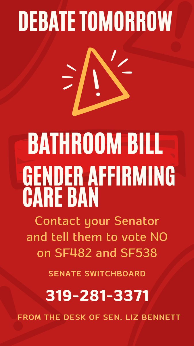 Urgent. Multiple bad bills tomorrow. Call or email your Senator now and urge them to vote NO on bills to hurt LGBTQ kids. Find your Senator here: legis.iowa.gov/legislators/fi…