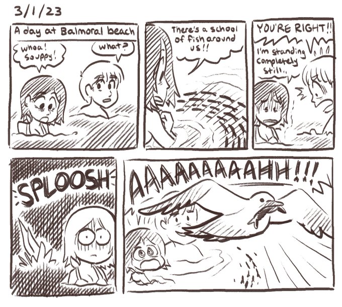 Diary comic about fun times at the beach!!! It almost felt like a rehearsed skit to have that seagull dive RIGHT NEXT TO ME……. 