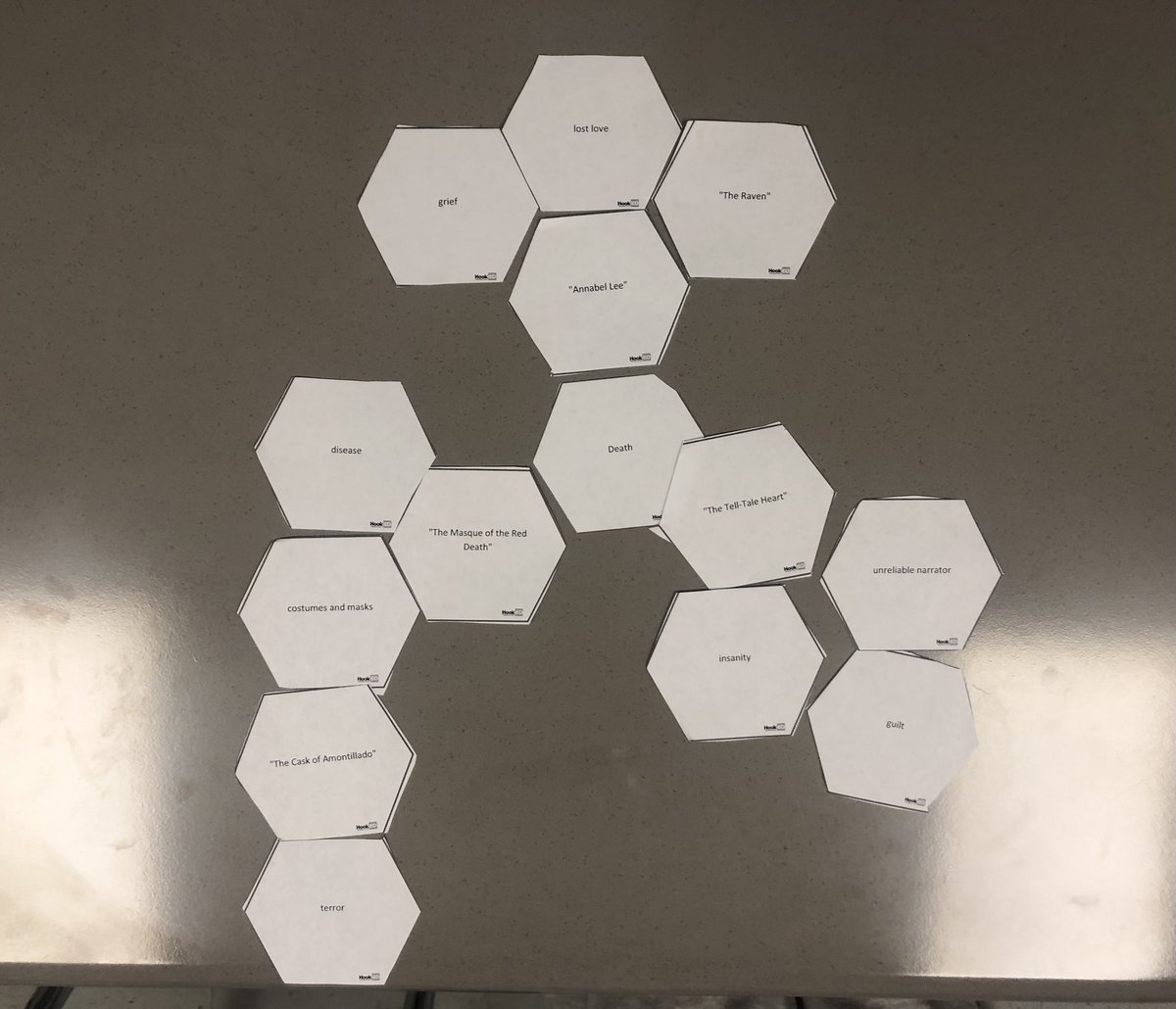 During enrichment time, I tried a version of a strategy that I observed at the high school last week. I loved how the hexagonal thinking led to great discussions and connections about our Poe unit!