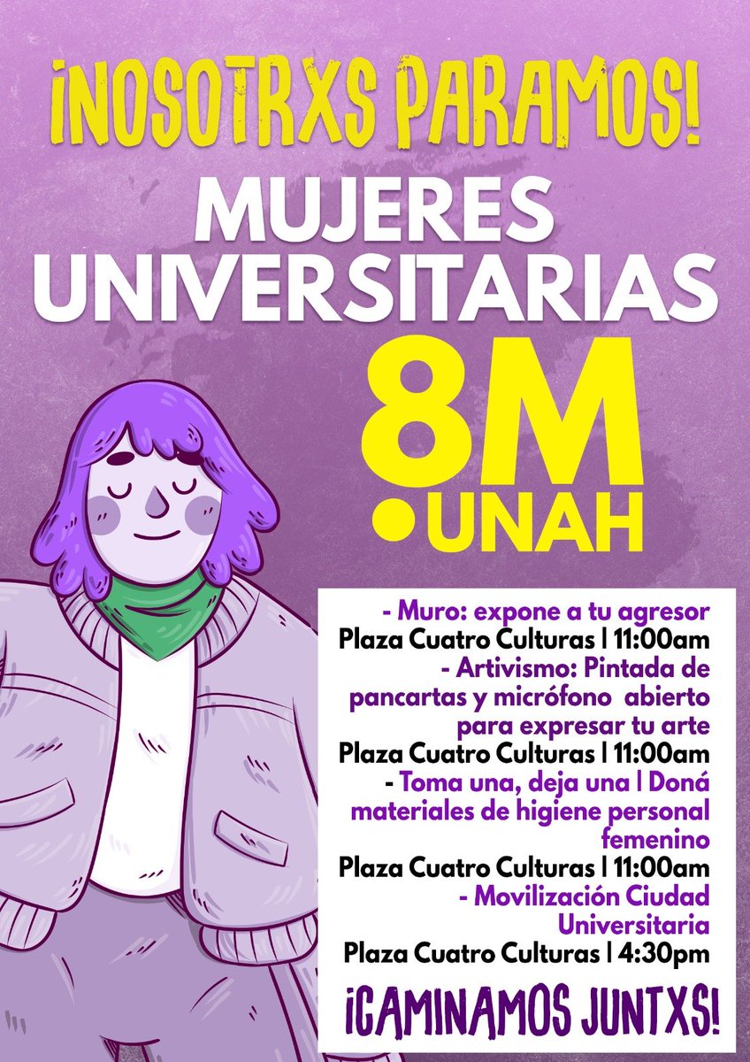 muni_unah's tweet photo. #NosotrasParamosUNAH ✊🏽💜

Este #8M, las mujeres universitarias nos autoconvamos en Ciudad Universitaria para exigir a las Autoridades Universitarias que respeten nuestros derechos como mujeres diversas y políticas.
1/3 https://t.co/pdUVhJObAu