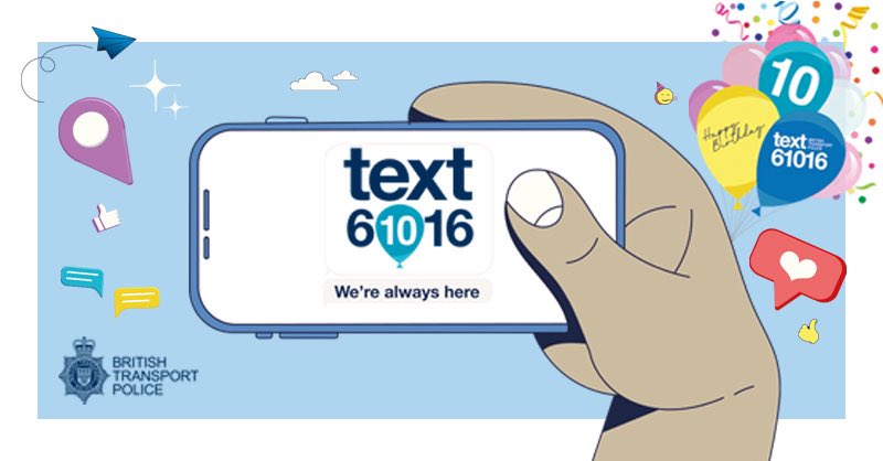 📱 SAVE THE NUMBER 📱 

🥳 Text 61016 turns 10! 🥳

In 2013 we launched #Text61016 - a discreet way to report any crime, anti-social or suspicious behaviour on the railway.

61️⃣0️⃣1️⃣6