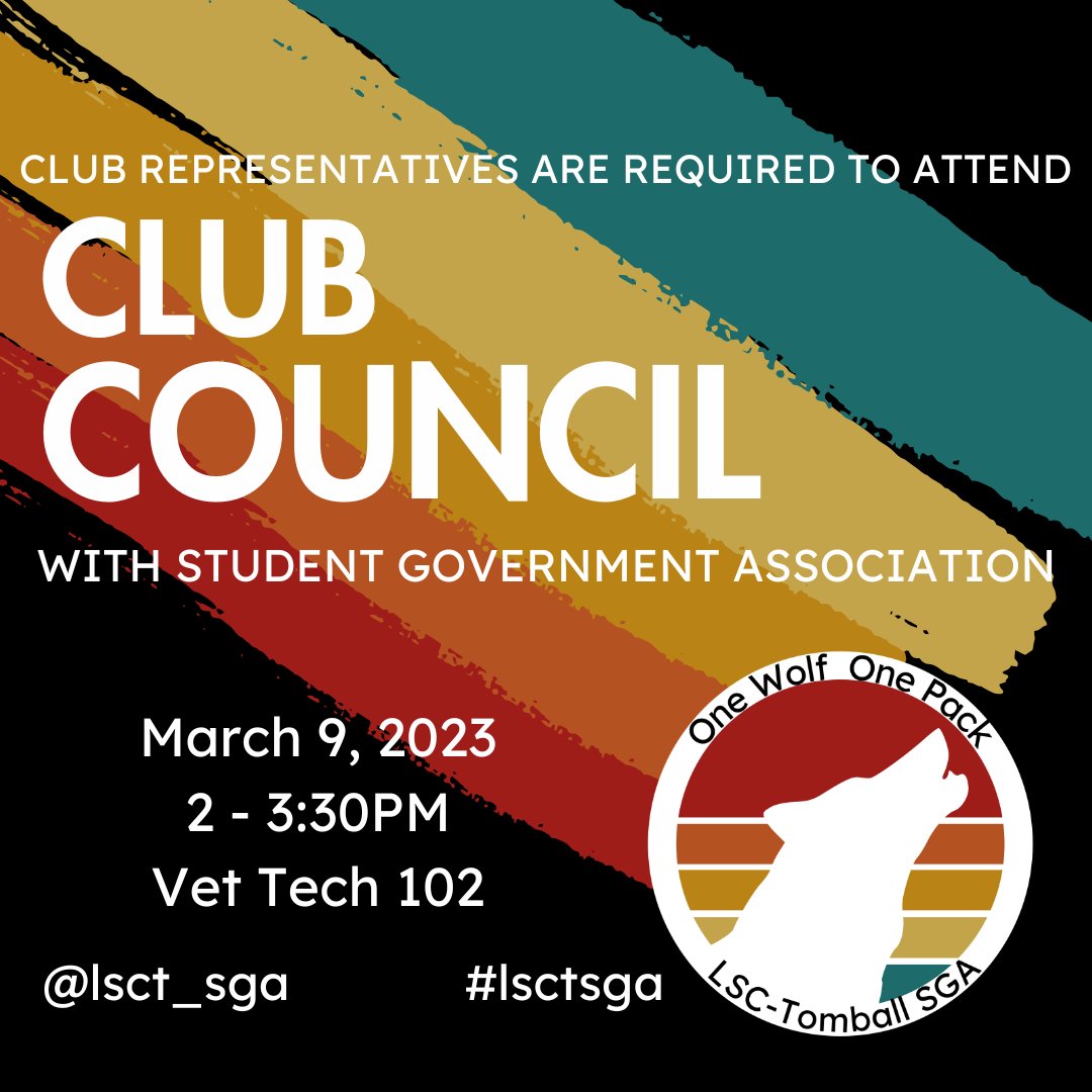 LSCT_SGA's tweet photo. ๐จReminder! Club Council meeting is this Thursday at 2PM in Vet Tech 102. Looking forward to seeing the club Representatives!
@LSCTomball @LSCTEngage
#lsctsga #clubcouncil #lsctomball #onewolfonepack https://t.co/b1mQfuPgsM