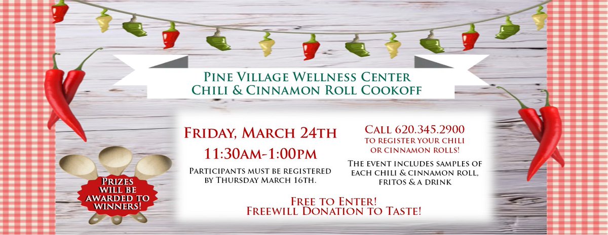 pinevillageks's tweet photo. Do you have an amazing chili or cinnamon roll recipe? 
Pine Village Wellness Center is having a Chili &amp; Cinnamon Roll Cookoff!
Register by Thursday, March 16th. Free to enter. Call 620.345.2900.
Event is Friday, March 24th from 11:30a-1p
Freewill donation to taste &amp; vote. https://t.co/biW4tc2Jky