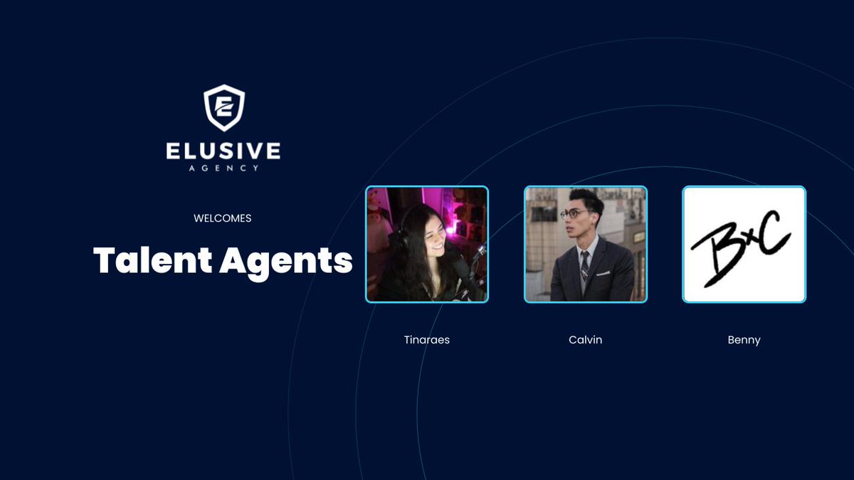 We're excited to announce our new Talent Agents to Elusive. Meet them here👇

<a href="/TINARAES/">Tina</a> 
<a href="/_ckalvin/">Calvin</a> 
<a href="/BennyxCo/">Benny</a> 

We're super excited to have them on board to support our creators and brands.