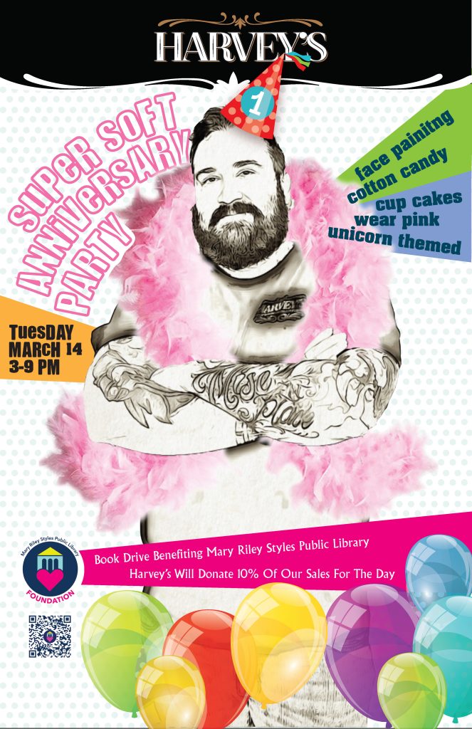 Harvey's is celebrating its 1st anniversary!! The party is from 3 - 9 p.m., but 10% of ALL Harvey’s proceeds on March 14 will go to the MRSPL Foundation! Stop by whenever you’re free to support us!

Or stop by between 3-9 for the super soft fun!🦄 💕
