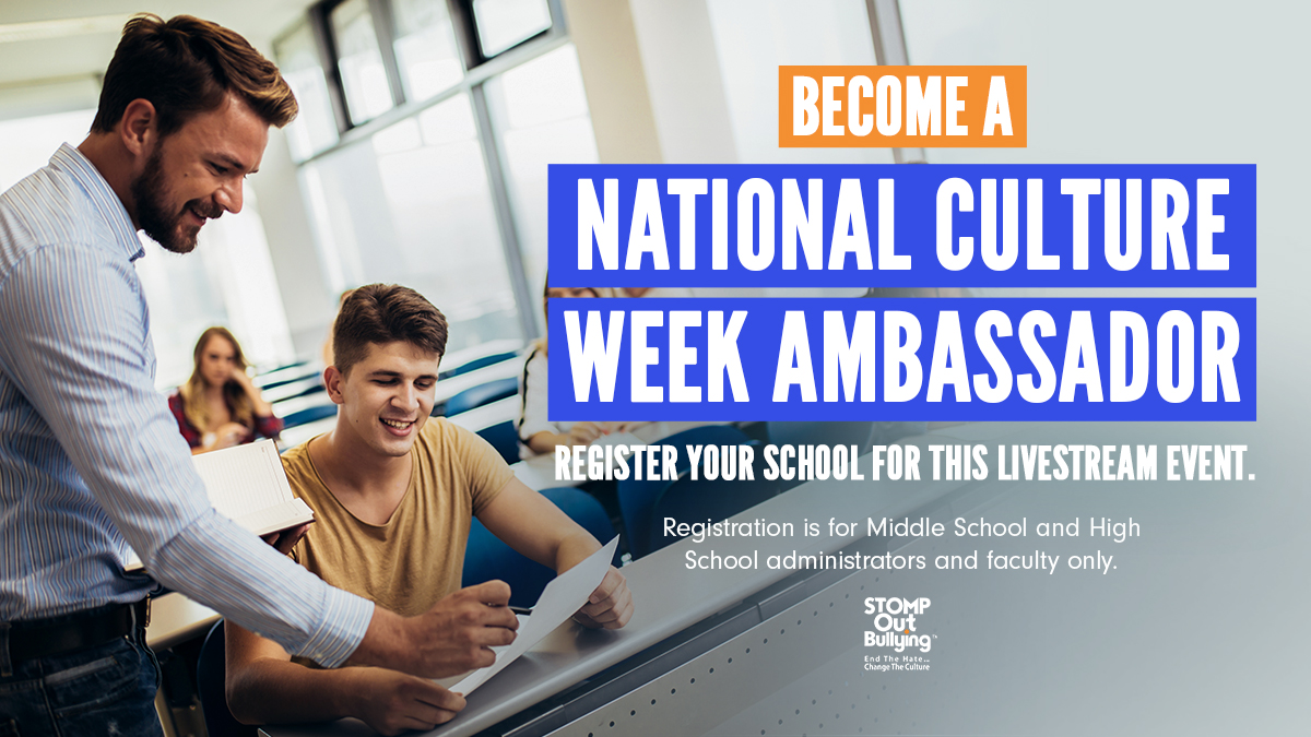 STOMPOutBullyng's tweet image. Mark your calendar! 🗓️ #CultureWeek, April 24th-28th, an initiative to spark a conversation among youth about the need to change the culture from one of cruelty to one of #kindness &amp;amp; inclusivity. Learn more: stompoutbullying.org/campaigns/nati…