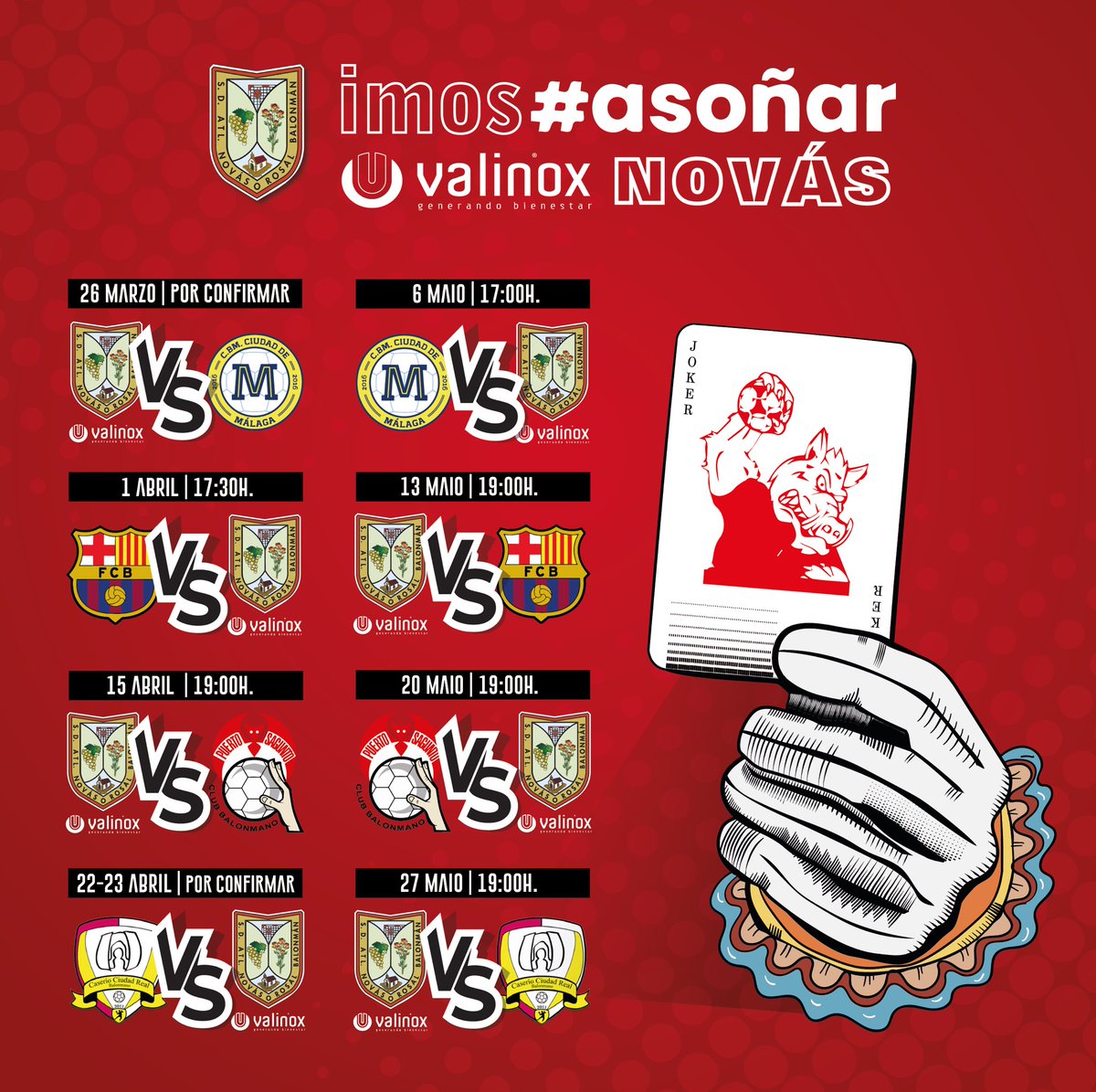 𝗖𝗔𝗟𝗘𝗡𝗗𝗔𝗥𝗜𝗢 𝟮º 𝗙𝗔𝗦𝗘

🃏O importante non son as cartas, senón como as xogas 🔥
🐗 Iniciamos a semana de preparación‼️
🤜🏼IMOS POLO ASCENSO🤛🏼

♦️ O sábado 26 de marzo primeiro partido da fase polo Ascenso contra Trop Málaga