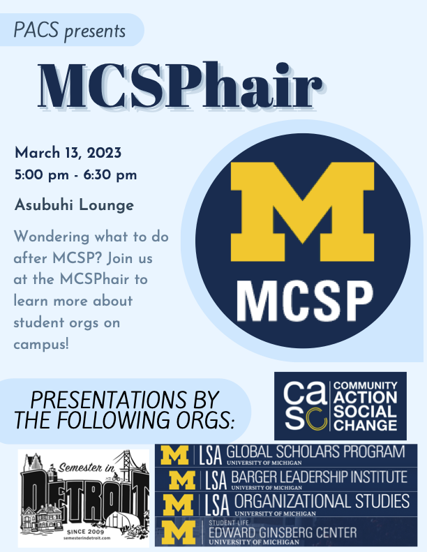 umichmcsp's tweet photo. Happy March MCSPers! We hope you had an amazing spring break 😌 Here's a reminder: There are upcoming MCSP events this month! Check out our instagram page, our newsletter, and Sessions to get a  taste of what's to come and sign up for future events 👀 https://t.co/AmuuUjJ2DJ