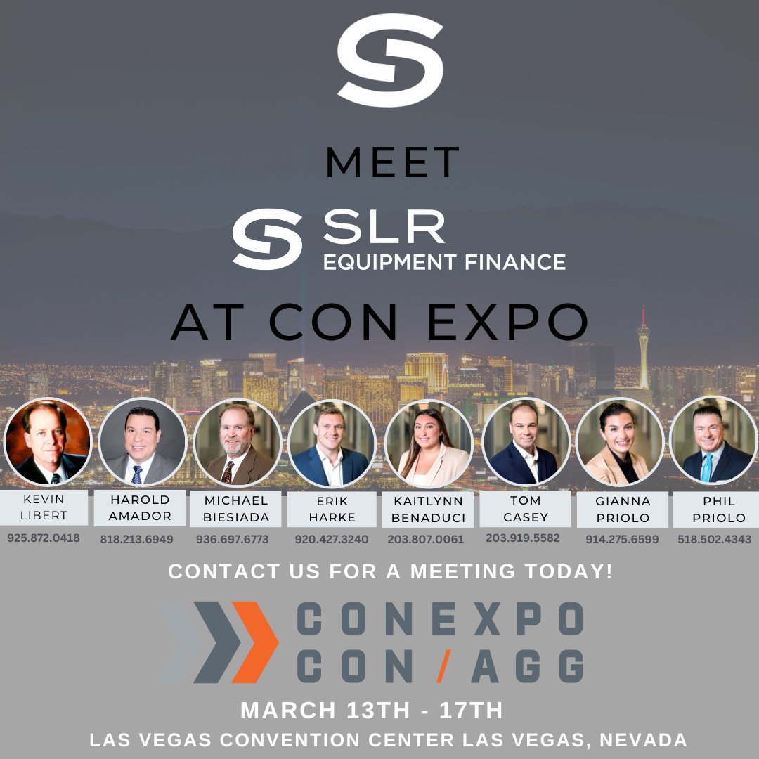 <a href="/nationsef/">SLR Equipment Finance</a> will be attending <a href="/conexpoconagg/">CONEXPO-CON/AGG</a> in Las Vegas March 13th - 17th, 2023.

The team looks forward to growing new and existing relationships!

If you want to schedule a meeting, please send an email request to hamador@slreqf.com or call (818) 213-6949.