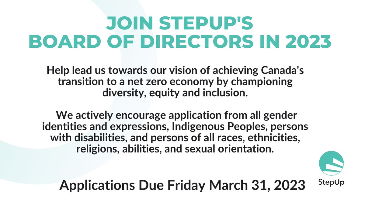 StepUp is seeking up to 3 passionate individuals to join our volunteer Board of Directors in 2023, could this be you or someone you know? 

Please share broadly with your networks. Details available at lnkd.in/gh-H9Z2M

#boardrecruitment #opportunity #justtransition