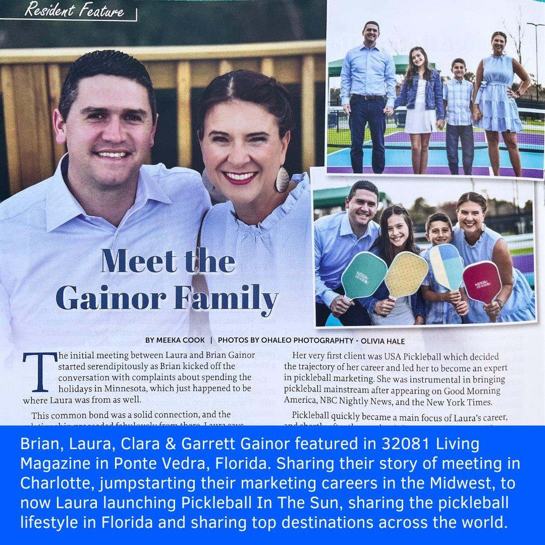 LauraGainor's tweet image. .@BrianGainor and I were honored to be on the cover of this month's issue of 32081 LIVING Magazine sharing our family story, how I started my #pickleball marketing agency @vossberggainor, &amp;amp; inspiration behind @pickleballinsun. Full story:  pickleballinthesun.com/lifestyle/3208… #THEPLAYERS