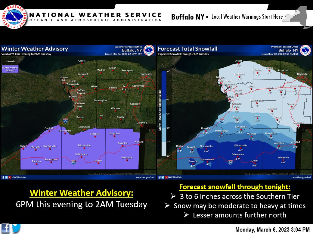 NWSBUFFALO's tweet image. The Winter Weather Advisory has been expanded to include Chautauqua County. While there will be a mix of snow and rain across Western NY later this afternoon, a changeover to all snow will occur early tonight. Snow could be moderate to heavy at times tonight in the Southern Tier.