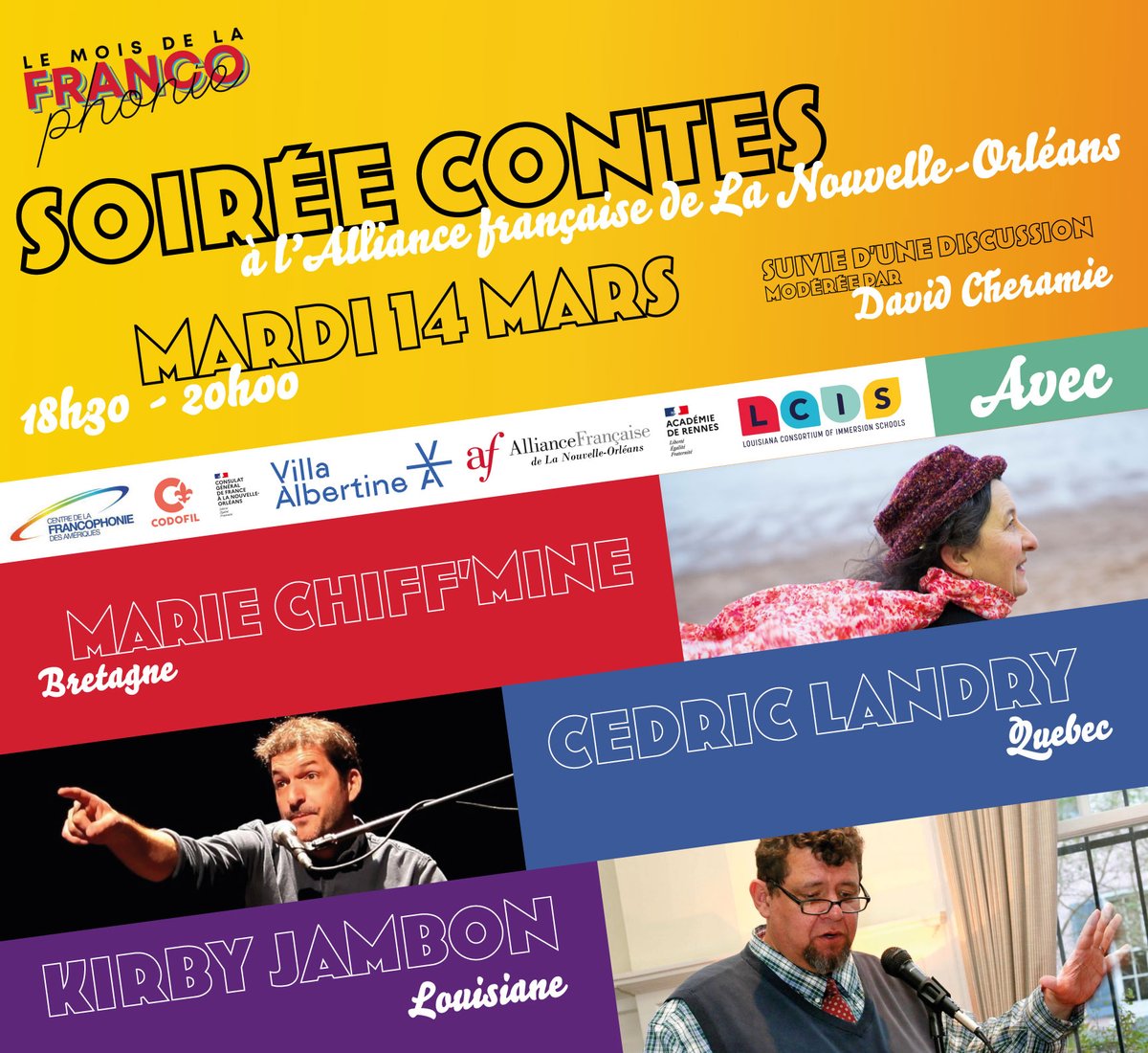La magie du conte à #NOLA ! 
Venez célébrer la #francophonie à travers des récits et légendes en 🇫🇷 le 14 mars à l’ <a href="/afneworleans/">Alliance FrançaiseNO</a> avec la participation exceptionnelle de Marie Chiff’mine pour la #Bretagne, Cédric Landry pour le #Québec &amp; <a href="/KirbyJambon/">Kirby Jambon</a> pour la #Louisiane! #LâchePas