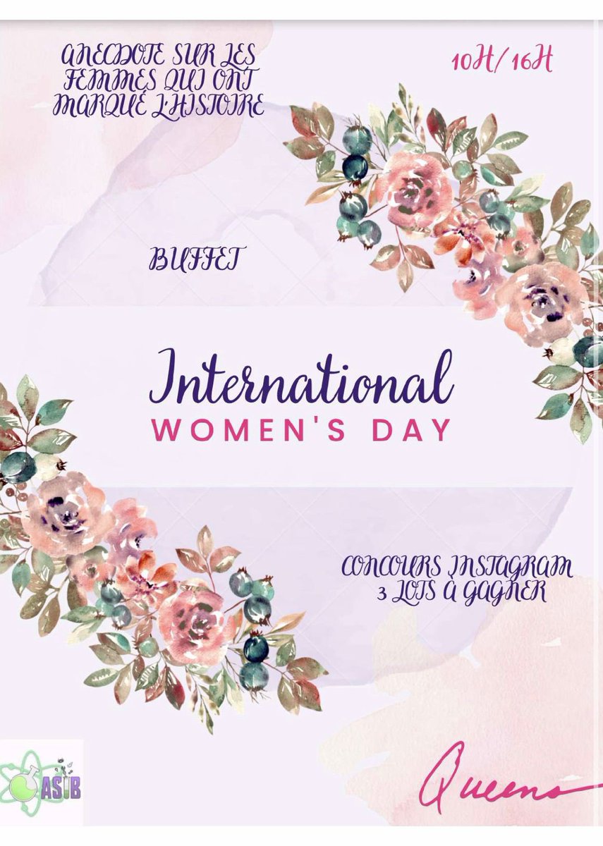 ASIB_Paris13's tweet photo. Salut les Asibiens 🧪

Mercredi 8 mars aura lieu la journée internationale de la journée de la femme 💗

A cette occasion, l’ASIB tiendra un stand où vous pourrez vous régaler et en découvrir un peu plus sur les femmes qui ont marqué l’histoire ! https://t.co/wk1XxZjZft