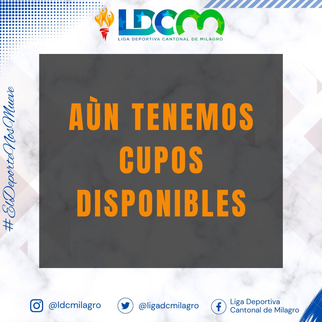 ligadcmilagro's tweet image. Aún tenemos cupos disponibles, ven y sé parte de nuestra familia.
Te esperamos en las oficinas de LDCM Coliseo Edmundo Valdéz frente al parque central.

#ElDeporteNosMueve #Milagro #LDCM