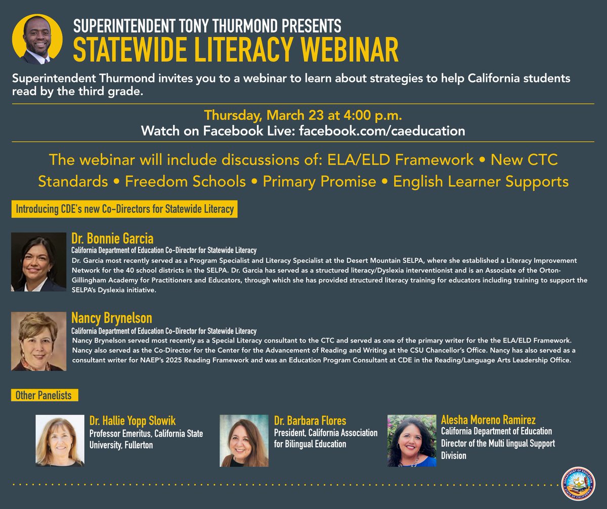 Statewide Literacy Webinar 📆: March 23 at 4 p.m. 👥: State Supt. @TonyThurmond, CDE Director of Multilingual Support Division Alesha Moreno Ramirez, and Co-Directors for Statewide Literacy, Dr. Bonnie Garcia and Nancy Brynelson. Read more: cde.ca.gov/nr/el/le/yr23l…