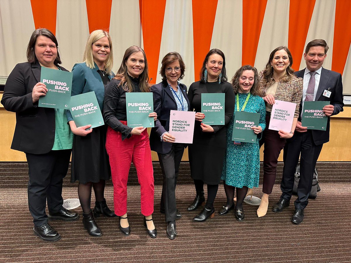 SwedenUN's tweet photo. #CSW67 continues with a session on #NordicSolutions to online gender-based violence.

Great to hear Iceland’s PM @katrinjak set the stage: to #PushbackthePushback we must educate, legislate &amp; raise awareness.

🇮🇸🇫🇴🇬🇱🇸🇪🇩🇰🇳🇴🇫🇮 https://t.co/uJjp3xuQU6