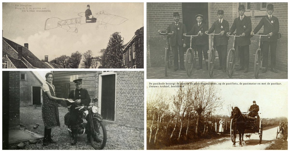 zeeuwsarchief's tweet image. Vandaag #collectievissen in onze beeldbank naar het vervoermiddel van de #postbode. Dat kon van alles zijn. Wat dacht je van de ‘flying postman’ in de ‘aëroplaan’? En natuurlijk de postfiets. De postmotor was handig voor in de polder en de postkar voor de grotere poststukken.