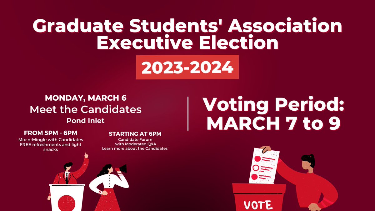 Starting at 5 p.m. tonight! ⏰
Come out to Pond Inlet to meet the 2023-2024 candidates. 
Remember, voting starts tonight at 12:01 a.m. and goes until Thursday, March 9. 
More info ➡️ brocku.ca/graduate-stude…