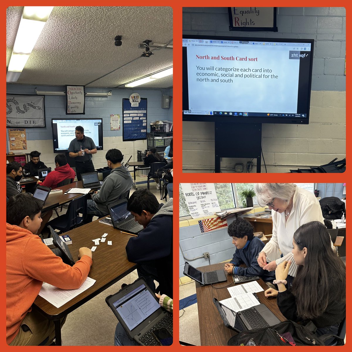 Students are actively engaging in a card sort over the E,S,P characteristics of the North and the South. All hands are on deck in Mr. Flores’ Social Studies classroom. #DisciplinaryLiteracy