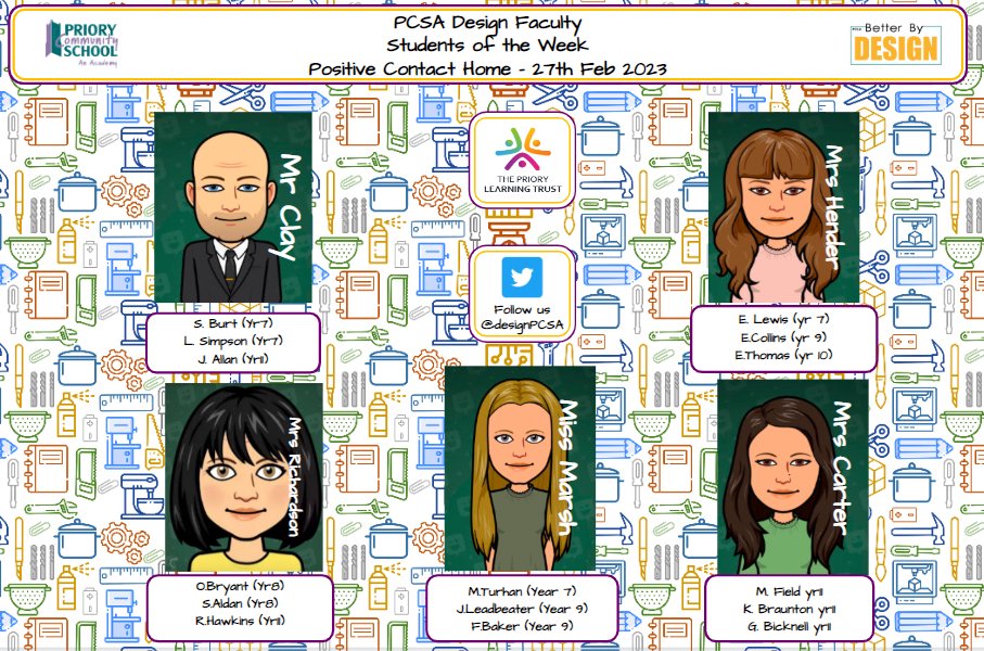 Amy Richardson (@mrsrichardsondt) on Twitter photo Last week's students of the week. Well done everyone, it's great to see so much creativity and enthusiasm in all areas of the DT department, keep up the hard work <a href="/MrClayDT_PCSA/">David Clay</a> <a href="/HousePcsa/">PCSA House System</a> <a href="/mrshender21/">Design PCSA</a> <a href="/MrsCarterDTFood/">Design PCSA</a> <a href="/MissTDelaney/">MissDelaney</a> <a href="/AngelosMarkout1/">Angelos Markoutsas</a> <a href="/_TPLT_/">The Priory Learning Trust</a> Last week's students of the week. Well done everyone, it's great to see so much creativity and enthusiasm in all areas of the DT department, keep up the hard work <a href="/MrClayDT_PCSA/">David Clay</a> <a href="/HousePcsa/">PCSA House System</a> <a href="/mrshender21/">Design PCSA</a> <a href="/MrsCarterDTFood/">Design PCSA</a> <a href="/MissTDelaney/">MissDelaney</a> <a href="/AngelosMarkout1/">Angelos Markoutsas</a> <a href="/_TPLT_/">The Priory Learning Trust</a>