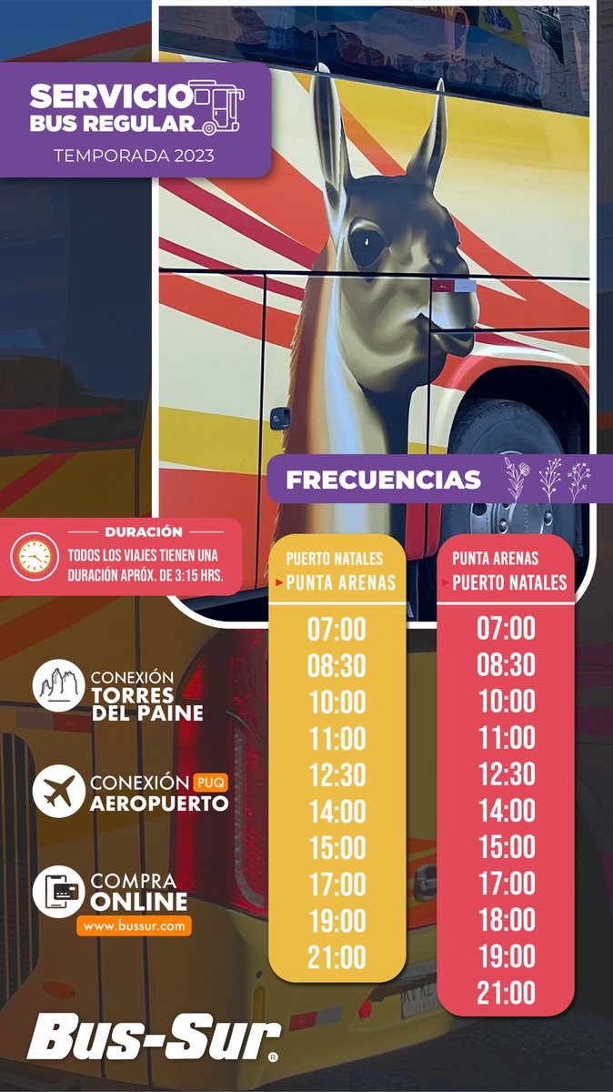 Frecuencias de marzo entre Punta Arenas y Puerto Natales con Bus Sur!