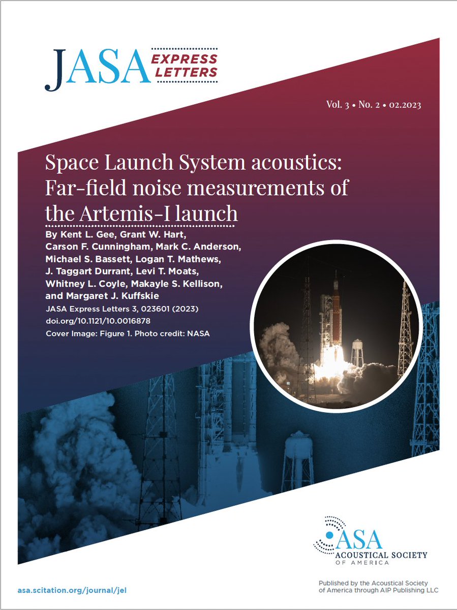 JASA EXPRESS LETTERS

New cover! The February issue features "Space Launch System acoustics: Far-field noise measurements of the Artemis-I launch": doi.org/10.1121/10.001…

<a href="/BYU_PhysAstro/">BYU Physics and Astronomy</a>
<a href="/KentLGee/">Kent Gee</a>
<a href="/CarsonCunning3/">Carson Cunningham</a>
<a href="/MSB_Acoustics/">Michael S. Bassett</a>
<a href="/AerospaceMark/">Mark Anderson</a>
<a href="/lmath103/">Logan Mathews</a>
<a href="/TaggartDurrant/">Taggart</a>