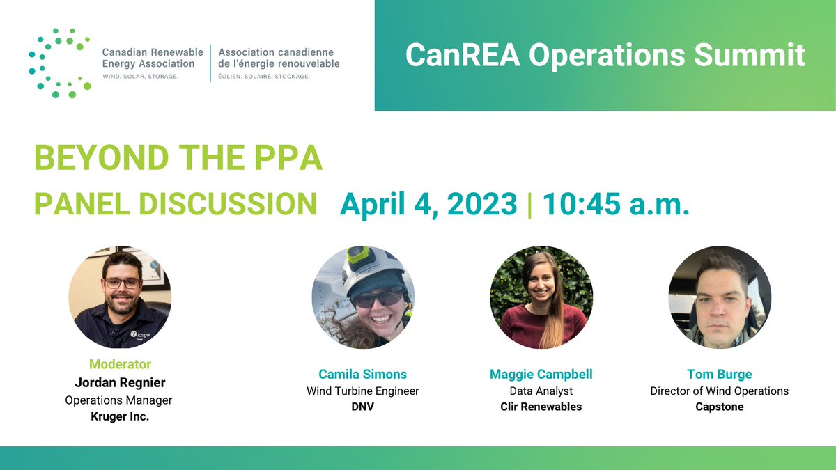 RenewablesAssoc's tweet photo. At #CanREAOpSummit2023, speakers from @Kruger_Inc, @DNV_Group, @Clirrenewables and @CapstoneCSE will present ideas for preparing end-of-life plans for #Wind and #Solar installations in “Beyond the PPA.” Full program: https://t.co/o1YOzolomn https://t.co/yZO3ApHUBN