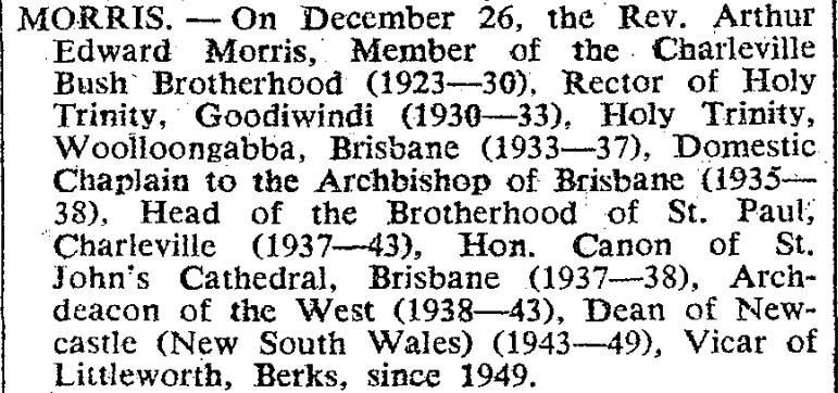 AustAnglican's tweet photo. 7 March 1889: birth (Cheshunt, Hertfordshire) of Arthur Edward Morris, who served @newycathedral as 8th Dean of Newcastle 1943-1948. #anglican #134years Migrated to Australia in 1923 to serve as a Bush Brother in outback Queensland; returned to UK after Newcastle. https://t.co/19sHzb29DS